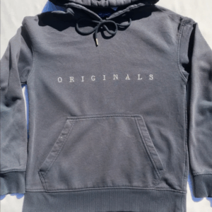 Navy Jack & Jones hoodie with "Originals" embroidered on the chest, size men's extra small.