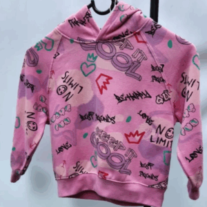 Pink Dannes Store kids pullover hoodie with a graffiti print, size 5-6 years.