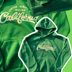 Green pullover hoodie with a "California Malibu Surfing" graphic, size men's small.