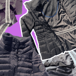 Black Outside high-neck puffer jacket for women with a figure-hugging waist, size small.