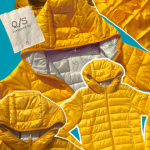 Bright yellow Q/S designed by lightweight puffer jacket with a hood, size women's small.