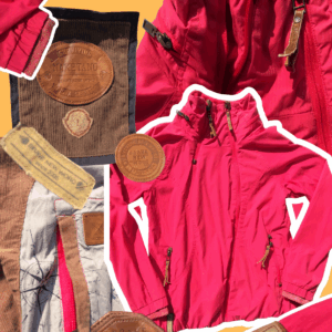 Pink Naketano 'Brave New Word' windbreaker jacket with leather and corduroy details, size women's large.
