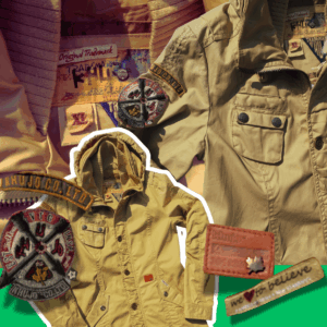 Khaki Khujo outerwear jacket with a high knitted collar and detailed patches, fits like a women's medium.