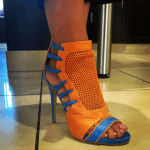 Bright orange and blue stiletto heel sandal by Shoe Republic LA featuring mesh detail and open toe design.